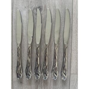 Set of 6 Oneida Lorilei Stainless Modern Hollow Dinner Knives Flatware Floral 9"